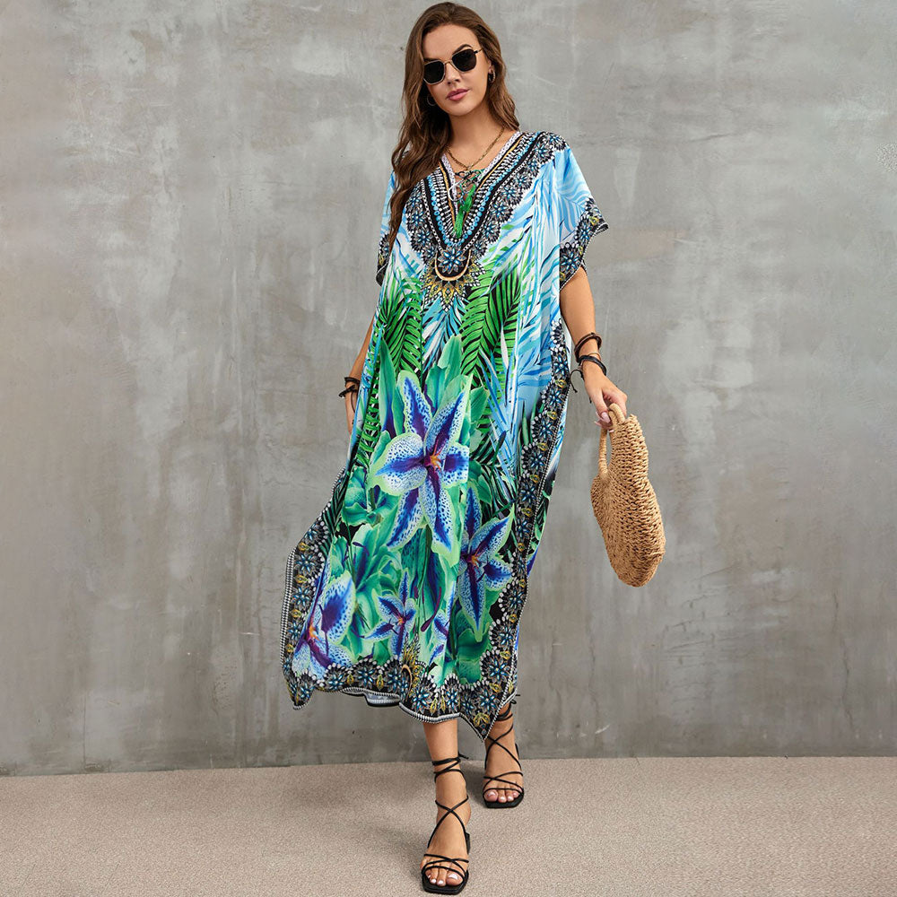Boho Pattern Lace Up V Neck Short Sleeve Side Split Brazilian Beach Cover Up