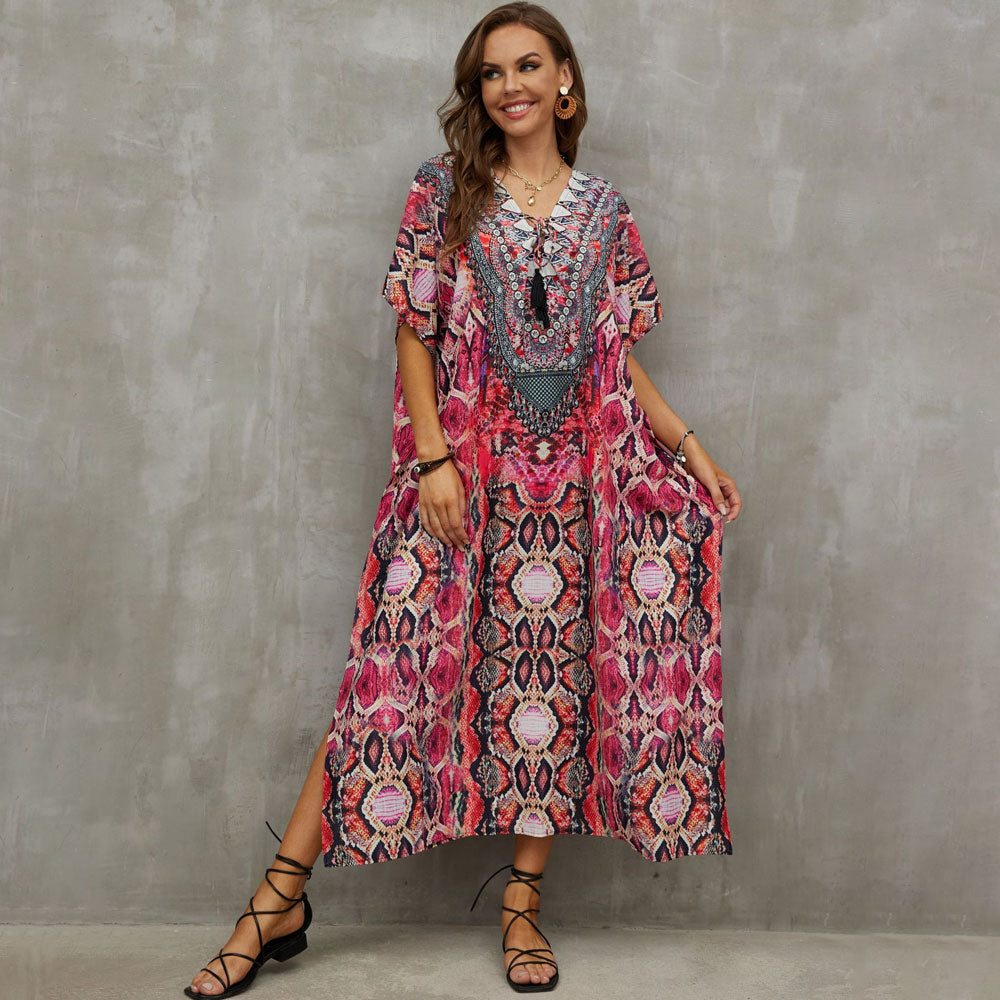 Boho Pattern Lace Up V Neck Short Sleeve Side Split Brazilian Beach Cover Up