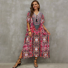 Boho Pattern Lace Up V Neck Short Sleeve Side Split Brazilian Beach Cover Up