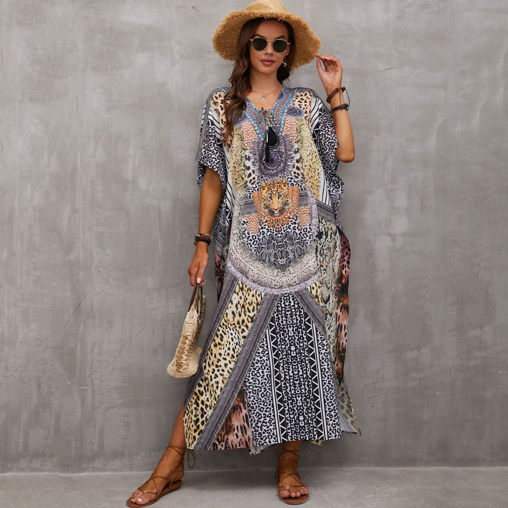 Boho Pattern Lace Up V Neck Short Sleeve Side Split Brazilian Beach Cover Up