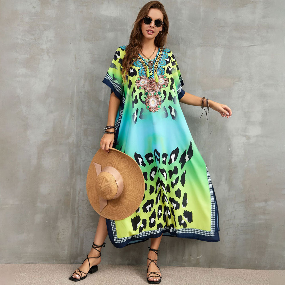 Boho Pattern Lace Up V Neck Short Sleeve Side Split Brazilian Beach Cover Up