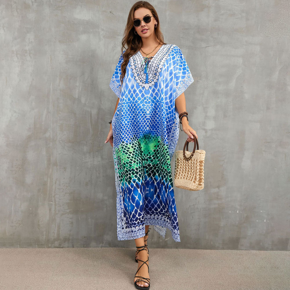 Boho Pattern Lace Up V Neck Short Sleeve Side Split Brazilian Beach Cover Up