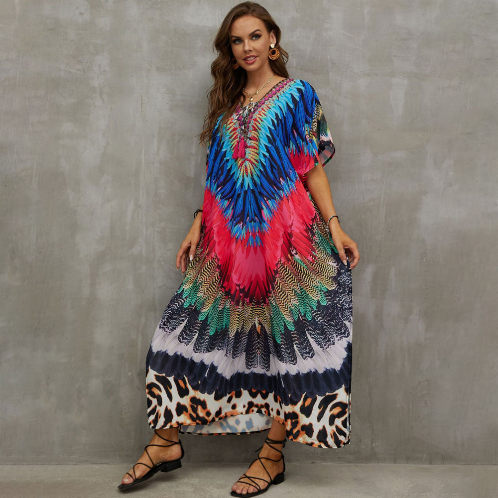 Boho Pattern Lace Up V Neck Short Sleeve Side Split Brazilian Beach Cover Up