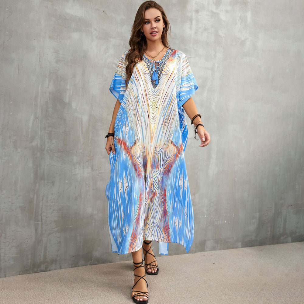 Boho Pattern Lace Up V Neck Short Sleeve Side Split Brazilian Beach Cover Up