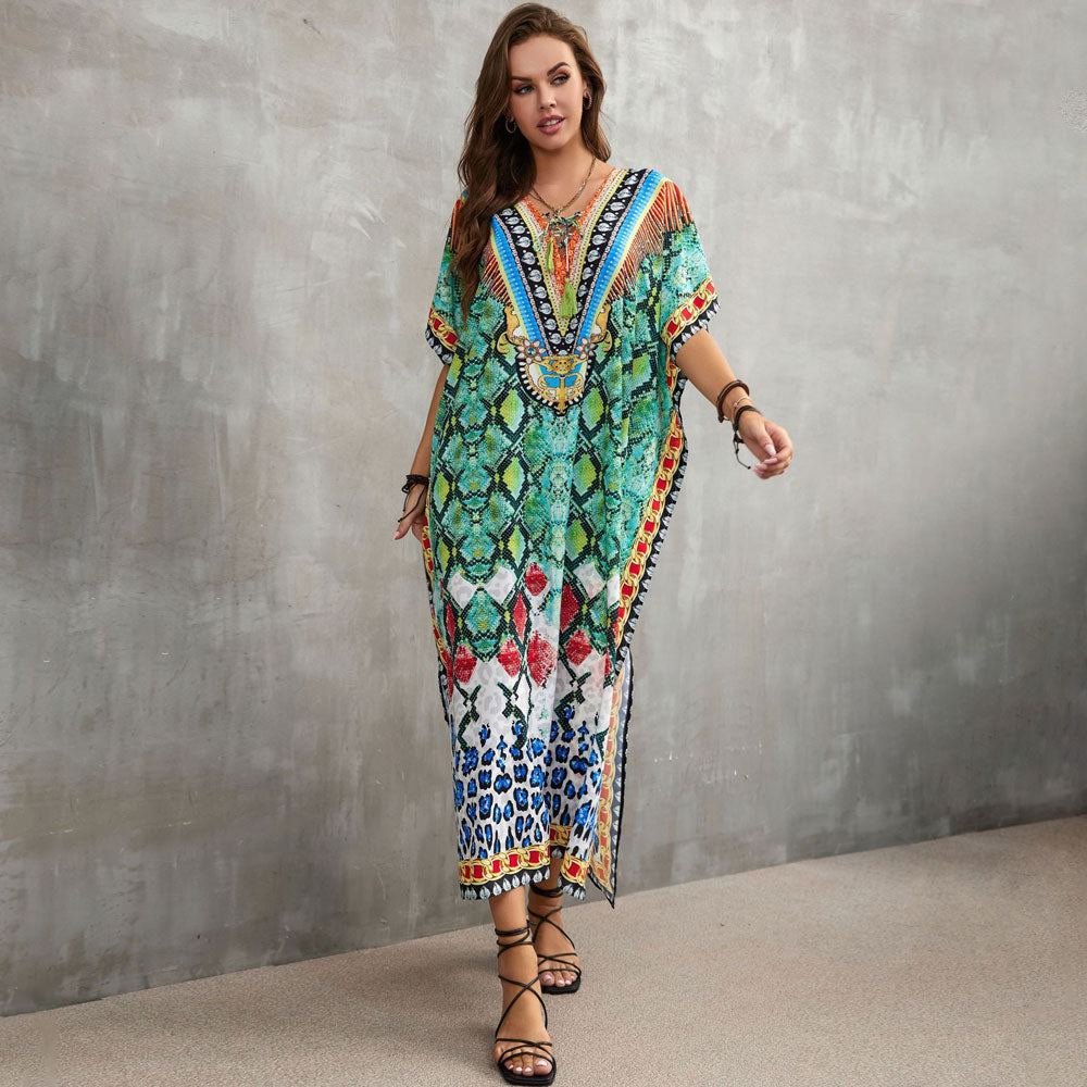 Boho Pattern Lace Up V Neck Short Sleeve Side Split Brazilian Beach Cover Up