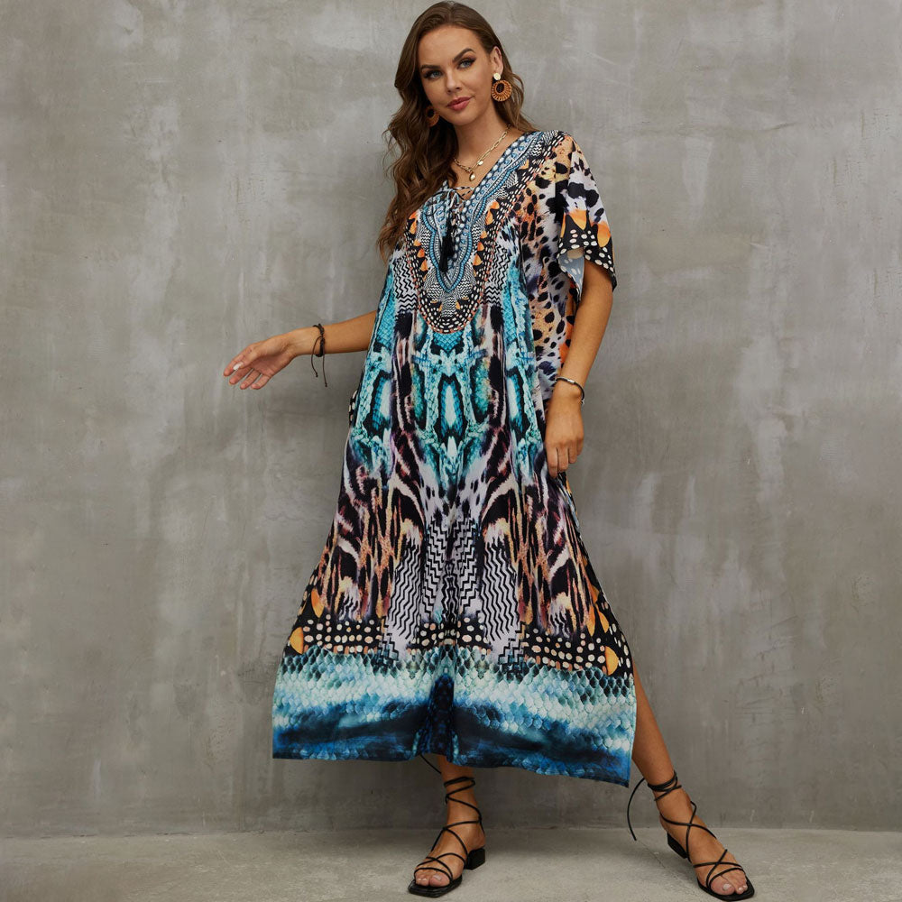 Boho Pattern Lace Up V Neck Short Sleeve Side Split Brazilian Beach Cover Up