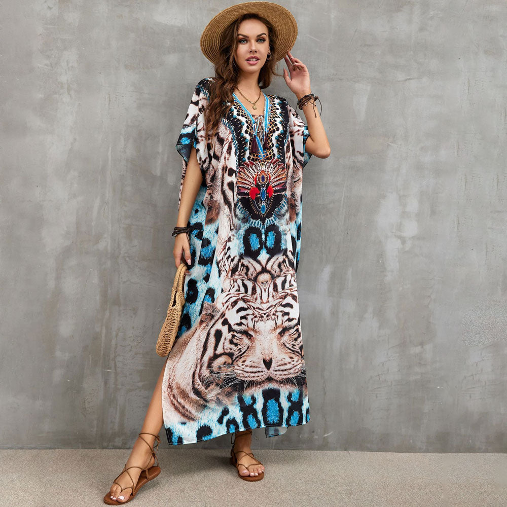 Boho Pattern Lace Up V Neck Short Sleeve Side Split Brazilian Beach Cover Up