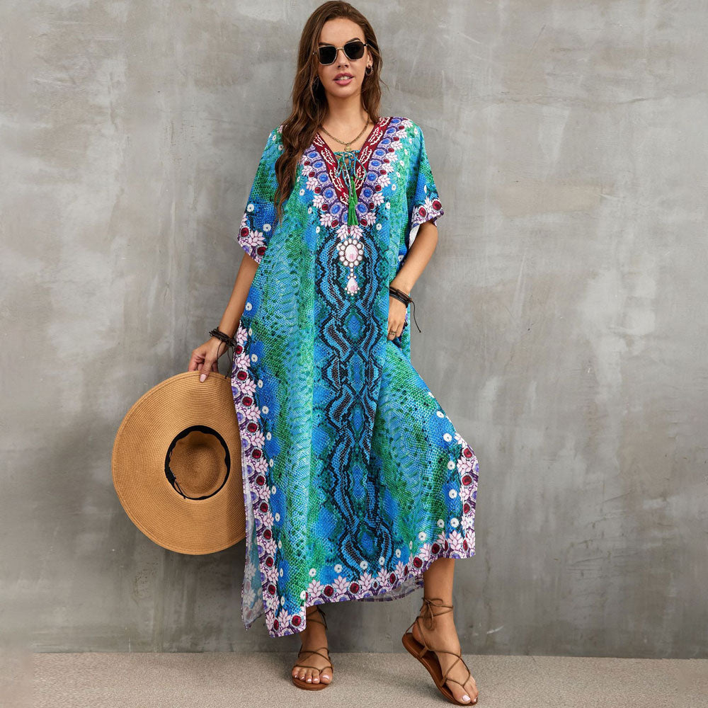 Boho Pattern Lace Up V Neck Short Sleeve Side Split Brazilian Beach Cover Up