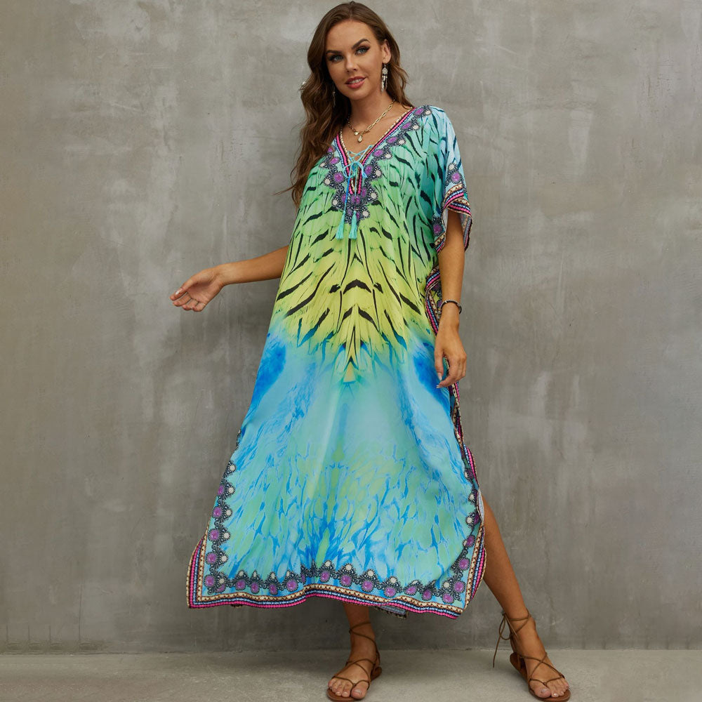 Boho Pattern Lace Up V Neck Short Sleeve Side Split Brazilian Beach Cover Up