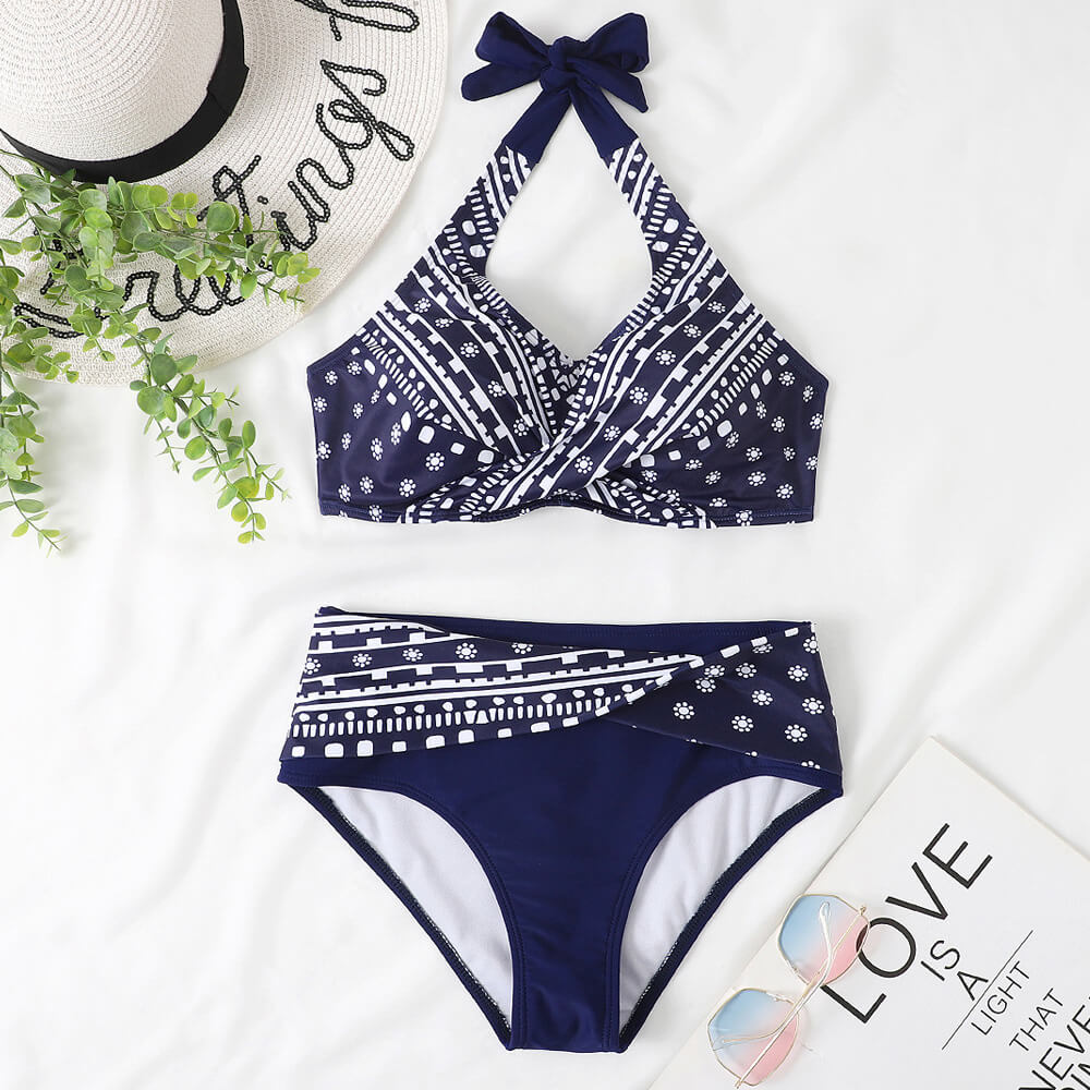 Boho Printed Twist Underwire Halter Brazilian Two Piece Bikini