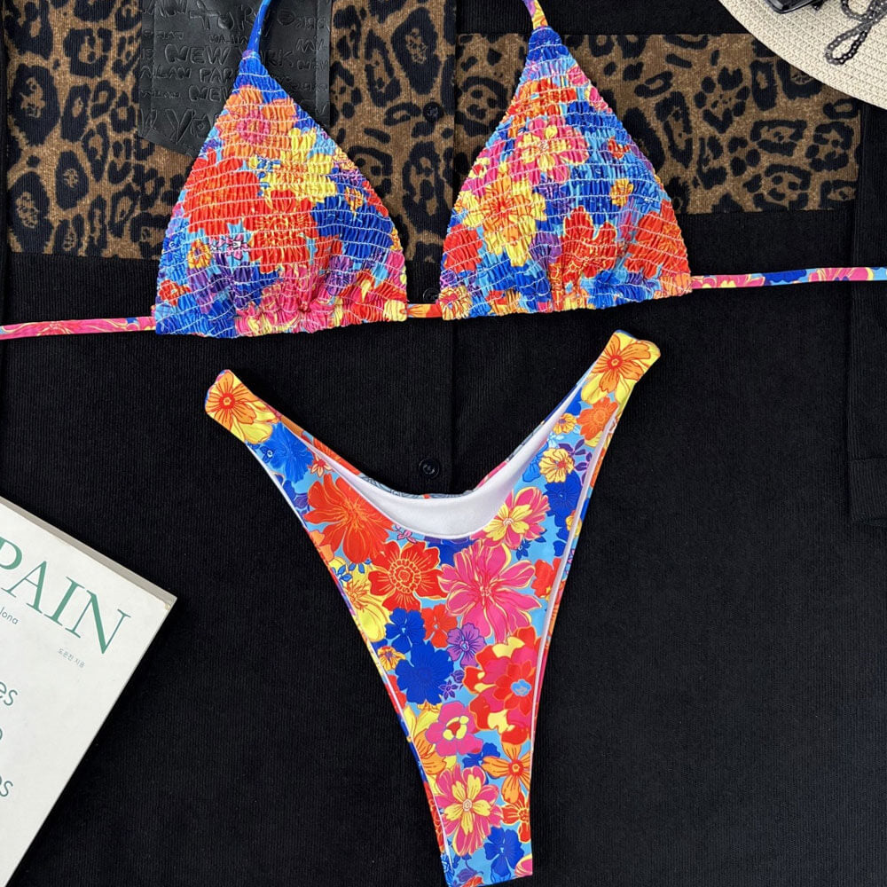 Boho Style Floral Printed High Leg Cheeky Shirred Triangle Brazilian Two Piece Bikini