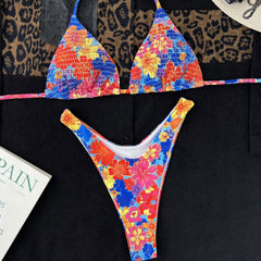 Boho Style Floral Printed High Leg Cheeky Shirred Triangle Brazilian Two Piece Bikini