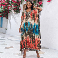 Boho Watercolour Painting V Neck Short Sleeve Beach Caftan Cover Up