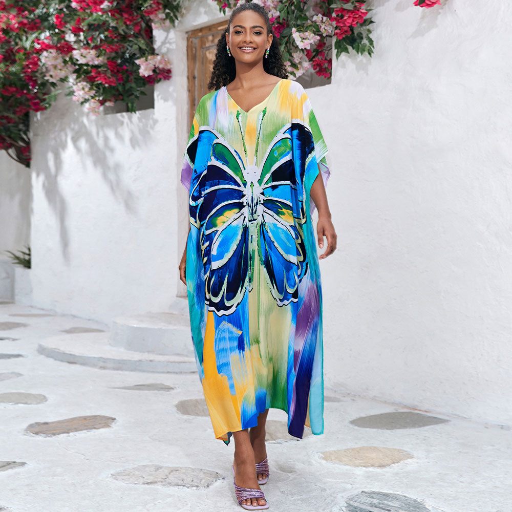 Boho Watercolour Painting V Neck Short Sleeve Beach Caftan Cover Up
