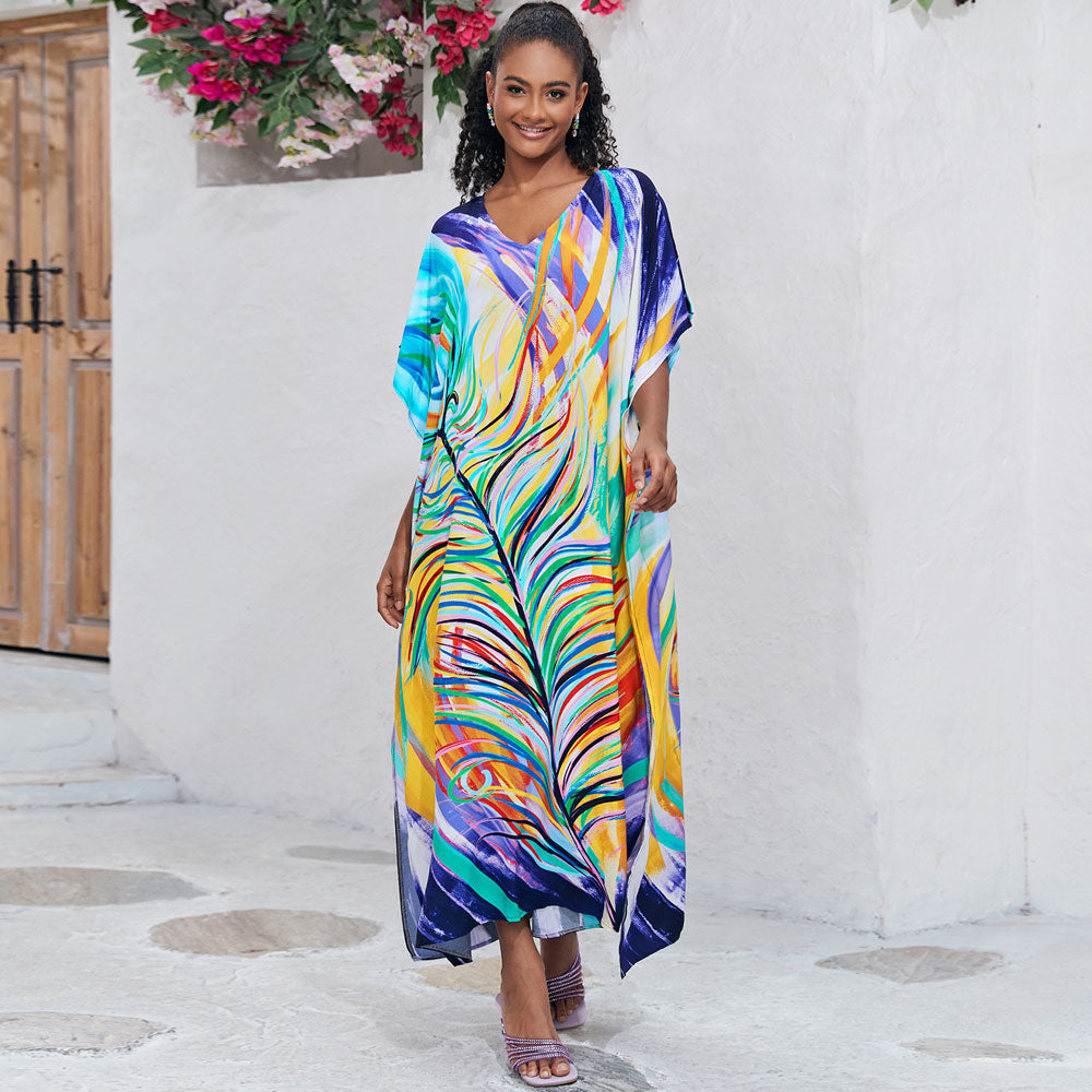 Boho Watercolour Painting V Neck Short Sleeve Beach Caftan Cover Up