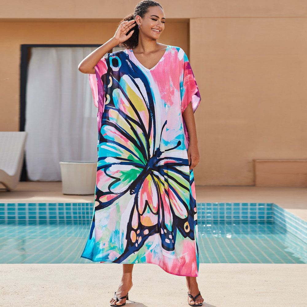 Boho Watercolour Painting V Neck Short Sleeve Beach Caftan Cover Up