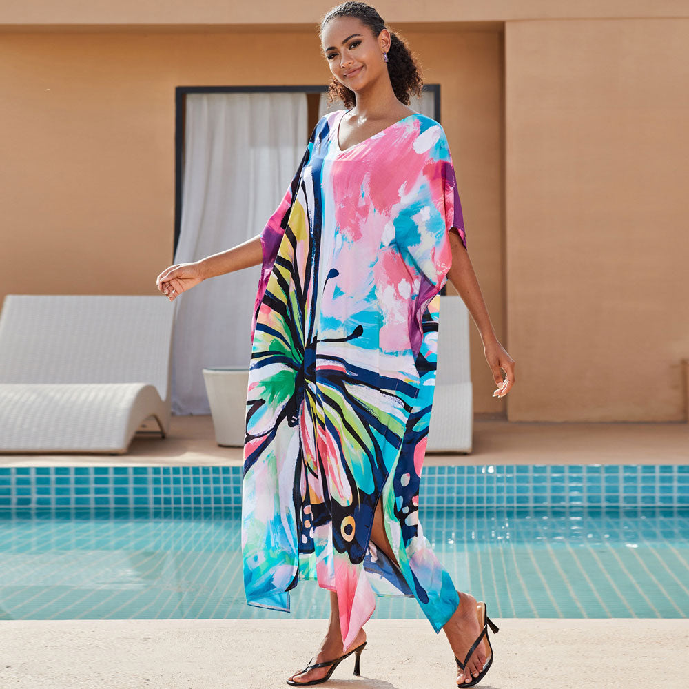 Boho Watercolour Painting V Neck Short Sleeve Beach Caftan Cover Up