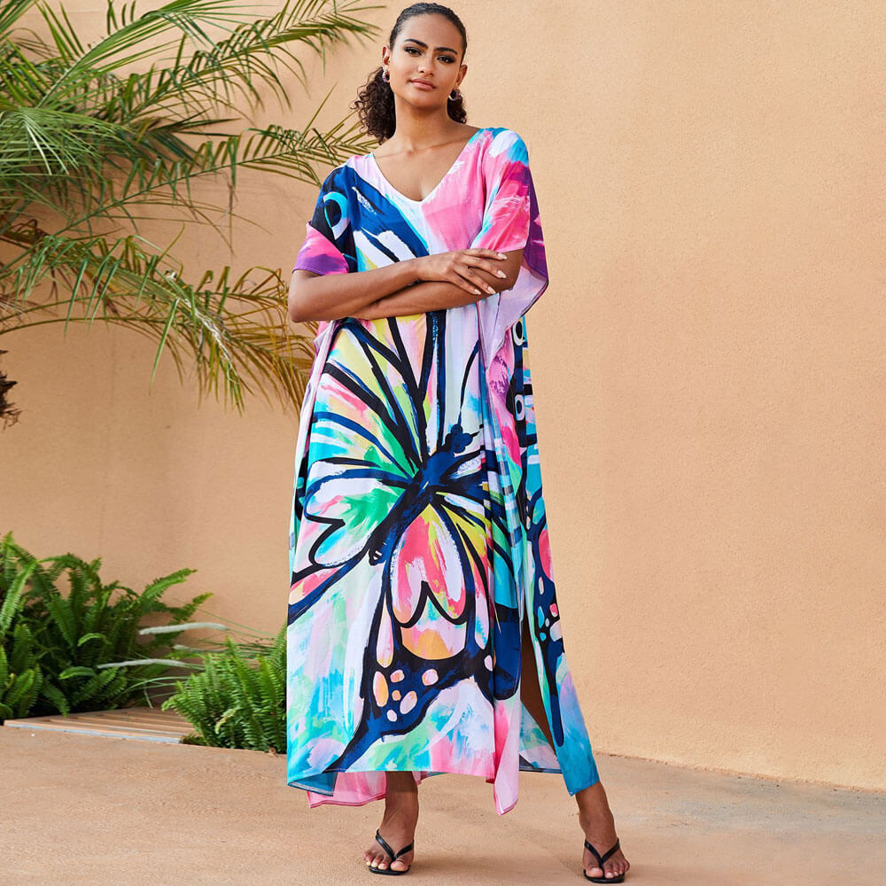 Boho Watercolour Painting V Neck Short Sleeve Beach Caftan Cover Up