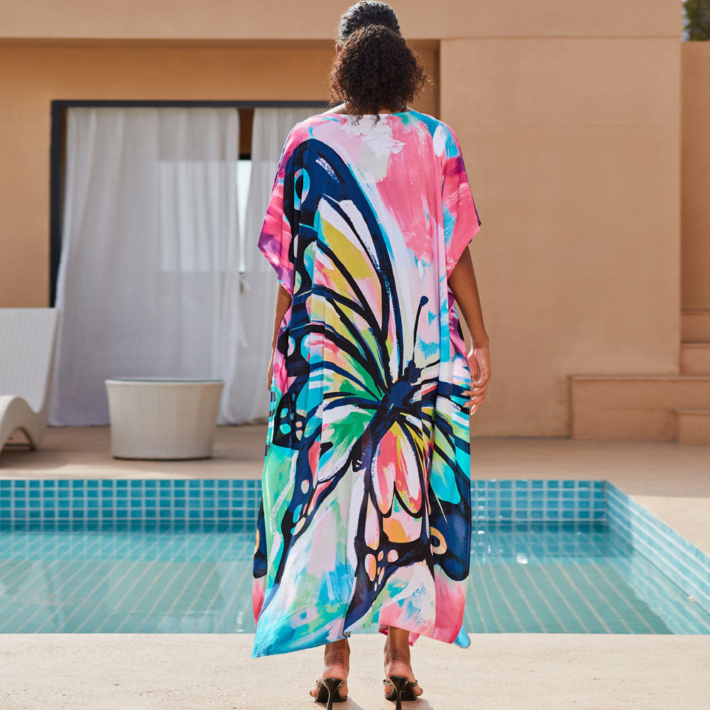 Boho Watercolour Painting V Neck Short Sleeve Beach Caftan Cover Up