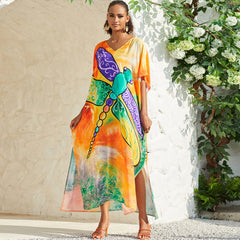 Boho Watercolour Painting V Neck Short Sleeve Beach Caftan Cover Up