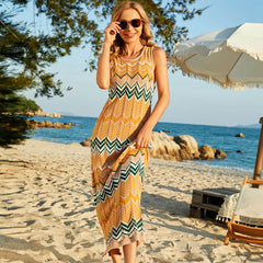 Boho Wavy Striped Sleeveless Pointelle Knit Brazilian Beach Midi Dress