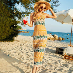 Boho Wavy Striped Sleeveless Pointelle Knit Brazilian Beach Midi Dress
