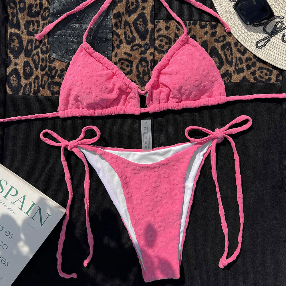 Bold Floral Terry Cloth Tie String Cutout Bralette Brazilian Two Piece Bikini