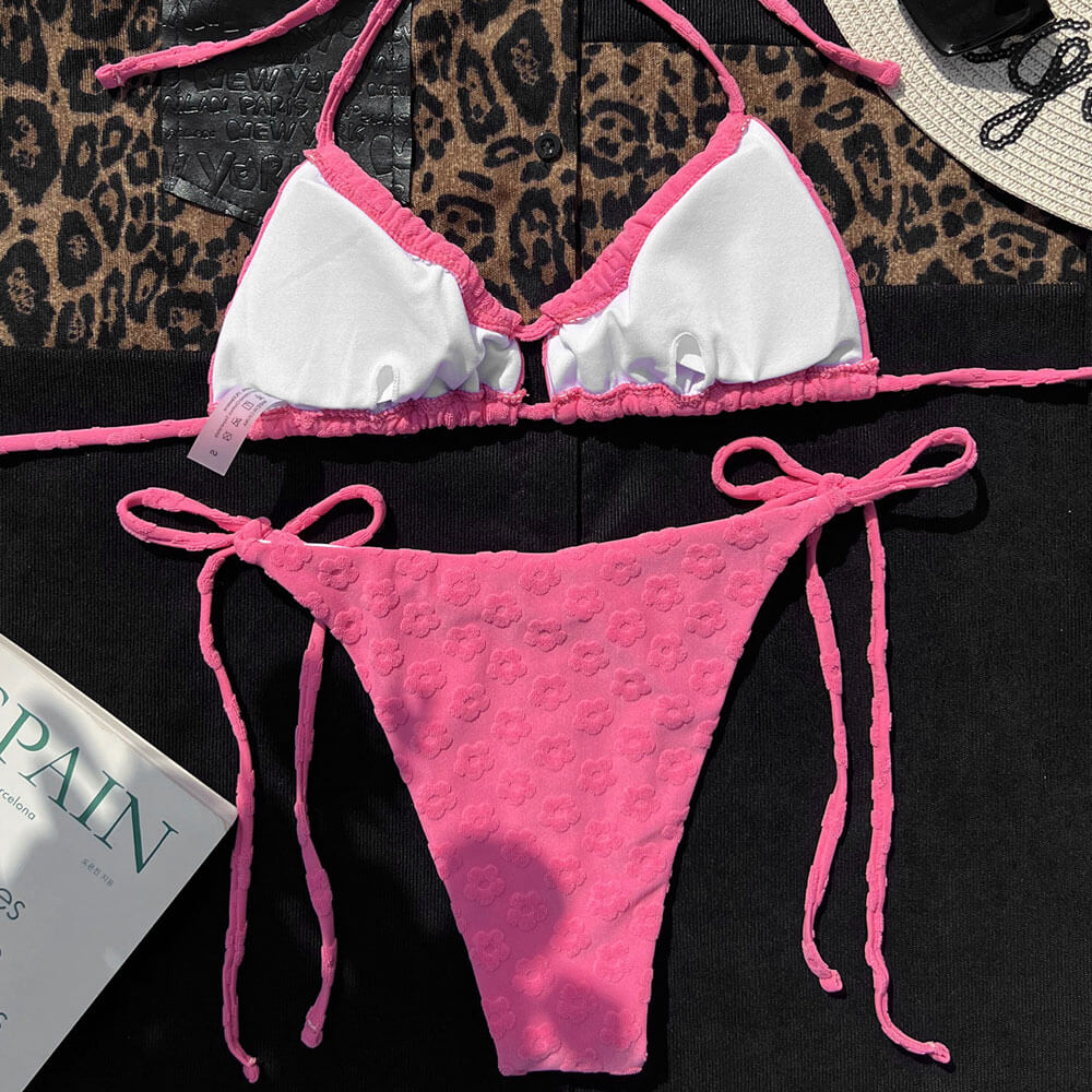 Bold Floral Terry Cloth Tie String Cutout Bralette Brazilian Two Piece Bikini