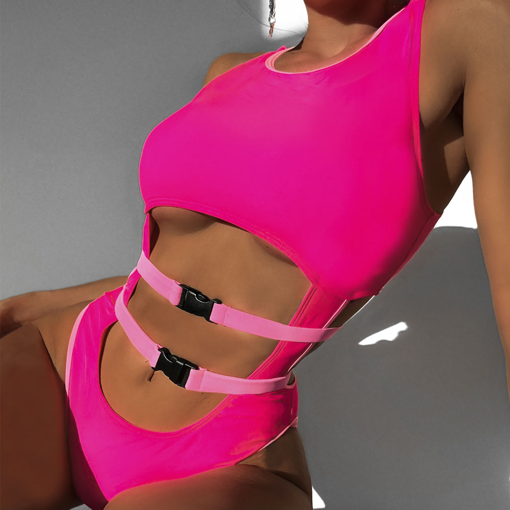 Bold High Cut Cutout Buckle Trim Scoop Neck Brazilian One Piece Swimsuit