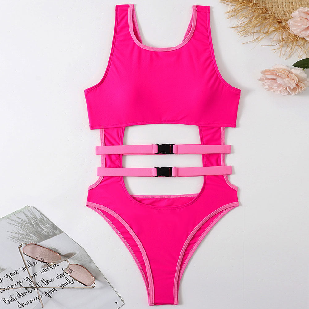Bold High Cut Cutout Buckle Trim Scoop Neck Brazilian One Piece Swimsuit