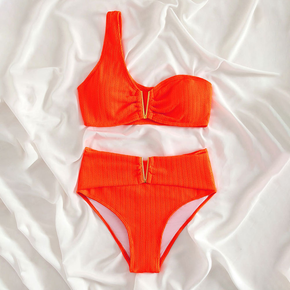 Bold Ribbed Notch V High Waist One Shoulder Brazilian Two Piece Bikini