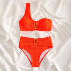 Bold Ribbed Notch V High Waist One Shoulder Brazilian Two Piece Bikini