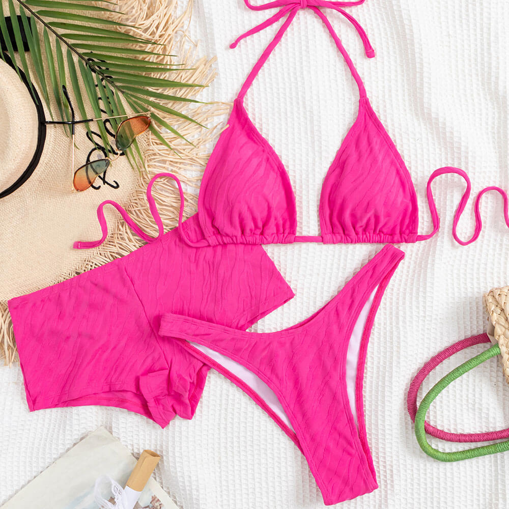 Bold Textured Boyshort High Cut Triangle Brazilian Three Piece Bikini