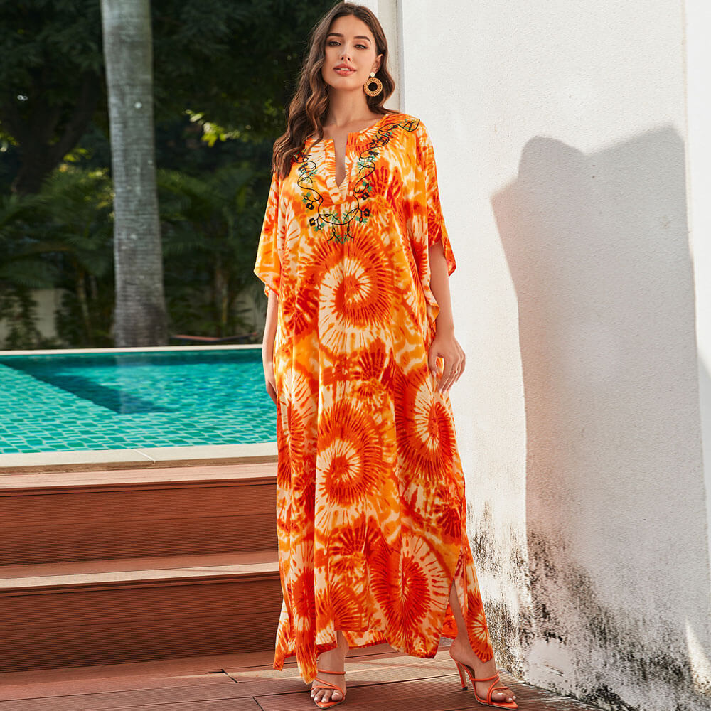 Bold Tie Dye Printed V Neck Short Sleeve Side Split Caftan Beach Cover Up