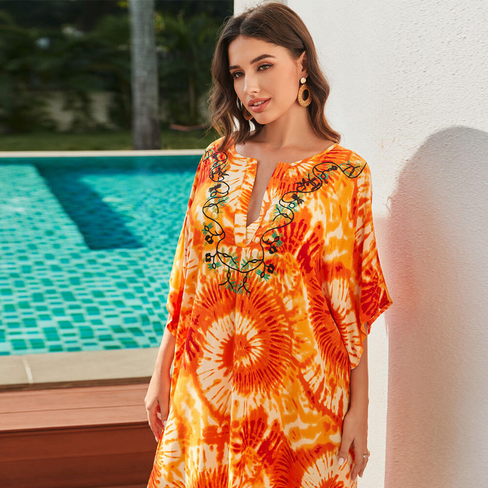 Bold Tie Dye Printed V Neck Short Sleeve Side Split Caftan Beach Cover Up