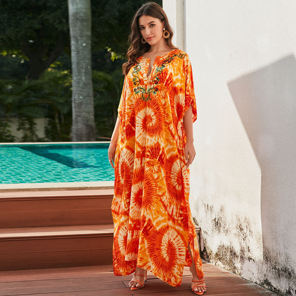 Bold Tie Dye Printed V Neck Short Sleeve Side Split Caftan Beach Cover Up