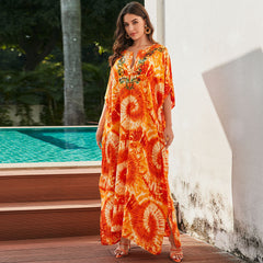 Bold Tie Dye Printed V Neck Short Sleeve Side Split Caftan Beach Cover Up