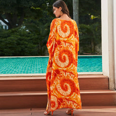 Bold Tie Dye Printed V Neck Short Sleeve Side Split Caftan Beach Cover Up