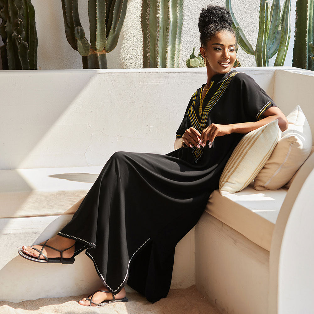 Bold V Neck Chevron Embroidered Oversized Caftan Beach Cover Up Maxi Dress