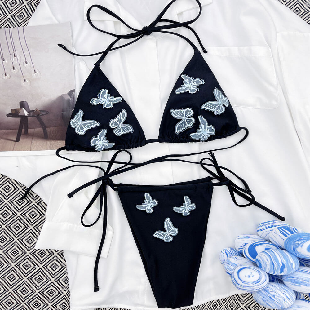 Butterfly Embroidered String Slide Triangle Brazilian Two Piece Bikini