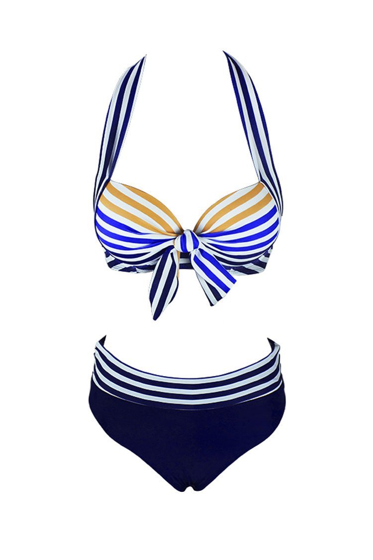 Striped Bowknot Front Underwire Halter Bikini - Two Piece Set
