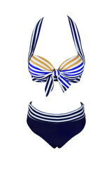 Striped Bowknot Front Underwire Halter Bikini - Two Piece Set