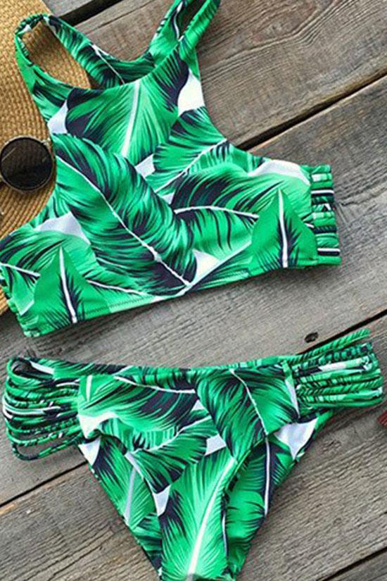 Green Boho Palm High Neck Bikini - Two Piece Set