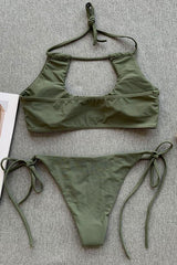 Green Tied String Side Halter Cutout Bikini - Two Piece Swimsuit