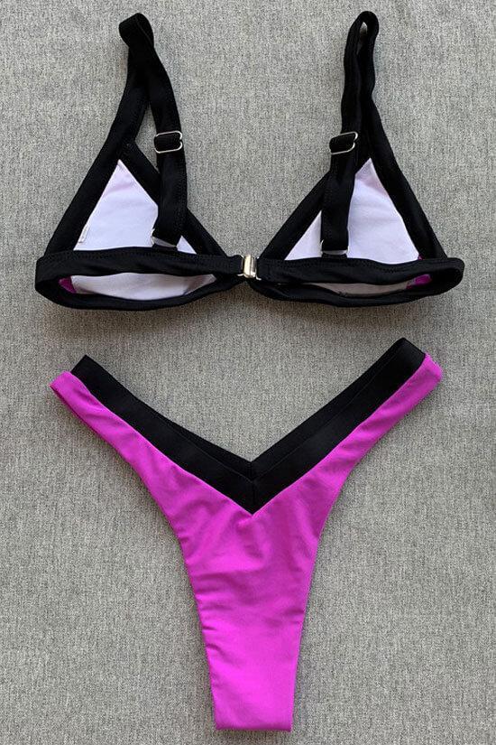 Contrast Bnaded High Leg Triangle Thong Bikini - Two Piece Swimsuit