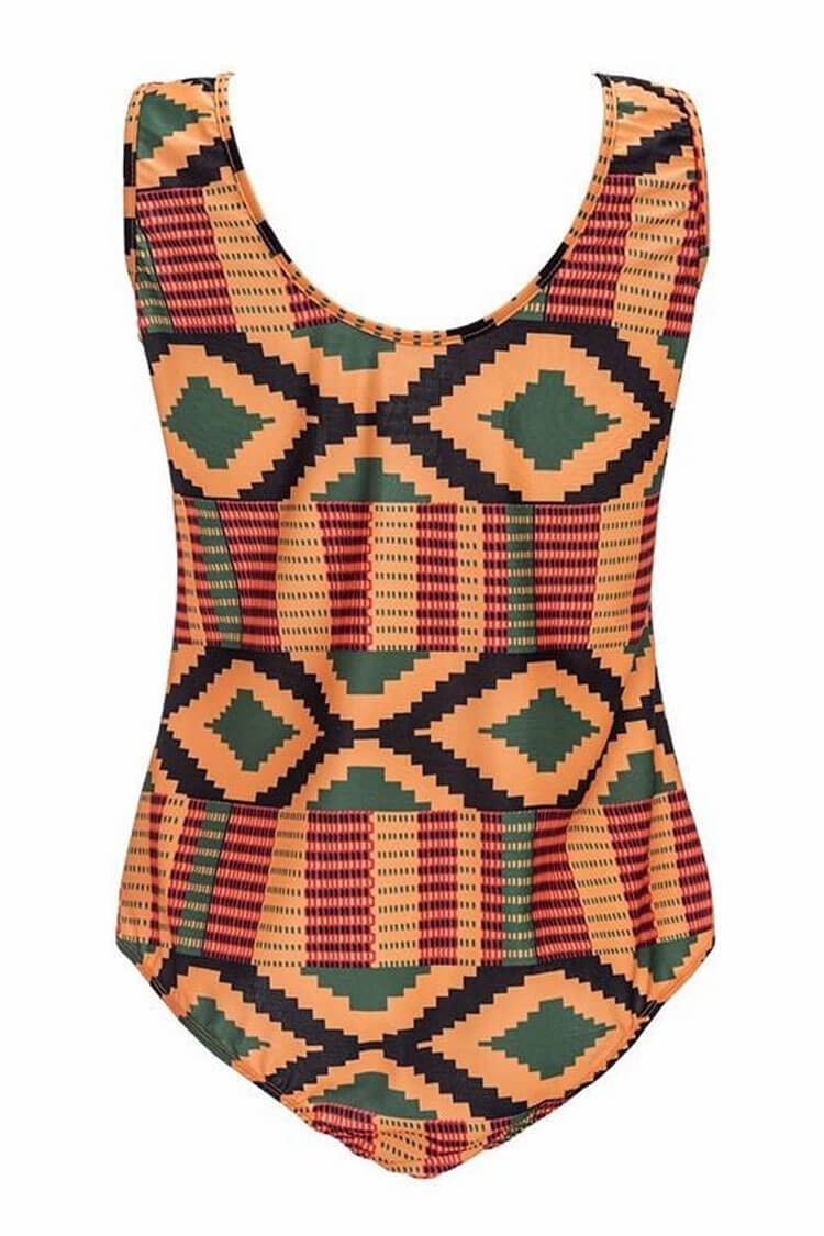 Plus Size Tribal Geometric Lace Up V Neck One Piece Swimsuit