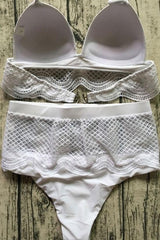 White Pretty High Waist Scalloped Lace Triangle Bikini