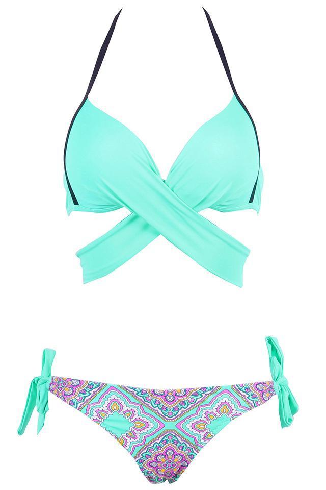 Jade Blue Tribal Print Wrap Around Side Tie Halter Bikini Bathing Suit