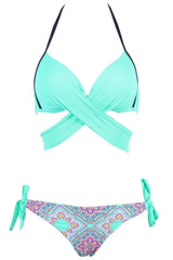 Jade Blue Tribal Print Wrap Around Side Tie Halter Bikini Bathing Suit