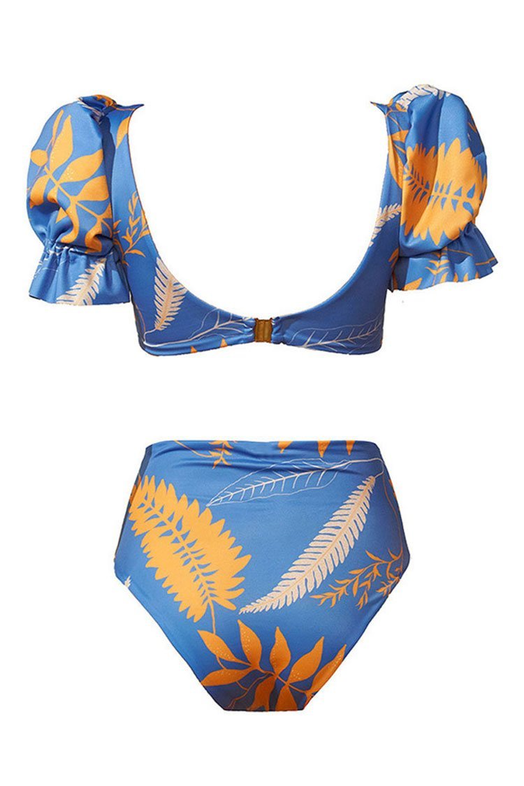 Puff Sleeve Tropical Print V Neck Bikini - Two Piece Set